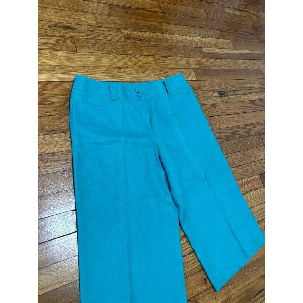 Rafaella Womens 100% Linen Pants Size 14 Teal Green Wide Leg Capri Lightweight - Picture 2 of 4